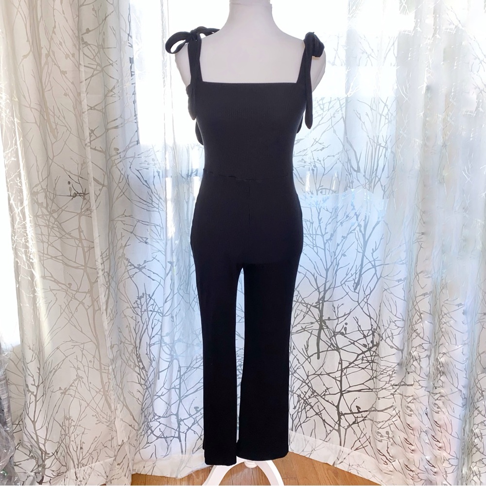 Reformation Wesley black ribbed square neck tie straps cropped jumpsuit - Picture 6 of 12